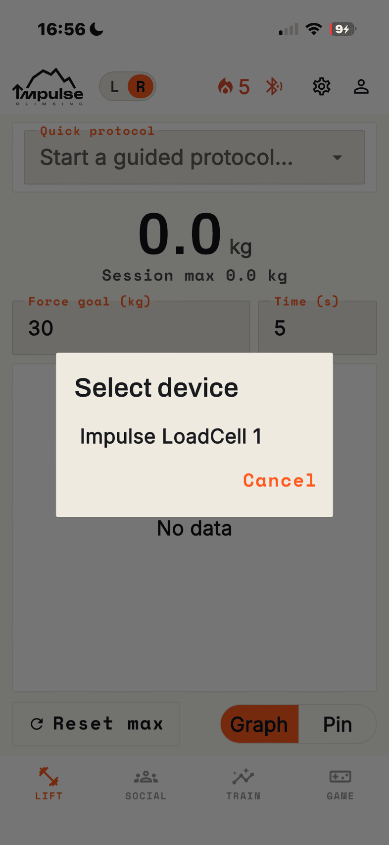 The app’s Select device dialog listing one device, named Impulse LoadCell 1
