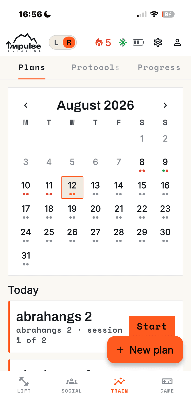 An August 2026 month calendar with coloured dots under most weekdays, today outlined, and today’s session listed underneath with a Start button