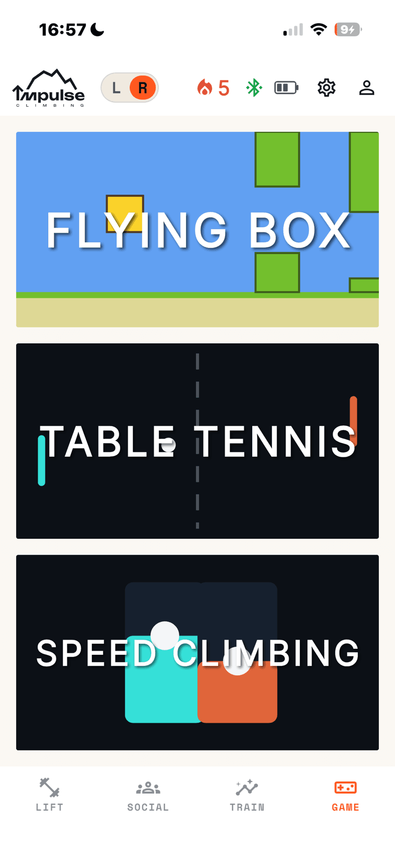 The Game tab showing three full-width tiles: Flying Box, Table Tennis and Speed Climbing
