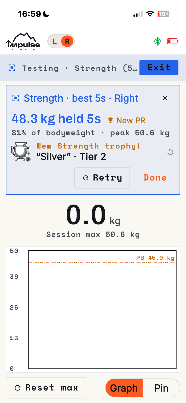 A strength test result: 48.3 kg held for 5 seconds, 81% of bodyweight, peak 50.6 kg, a new personal record, and a new silver Strength trophy