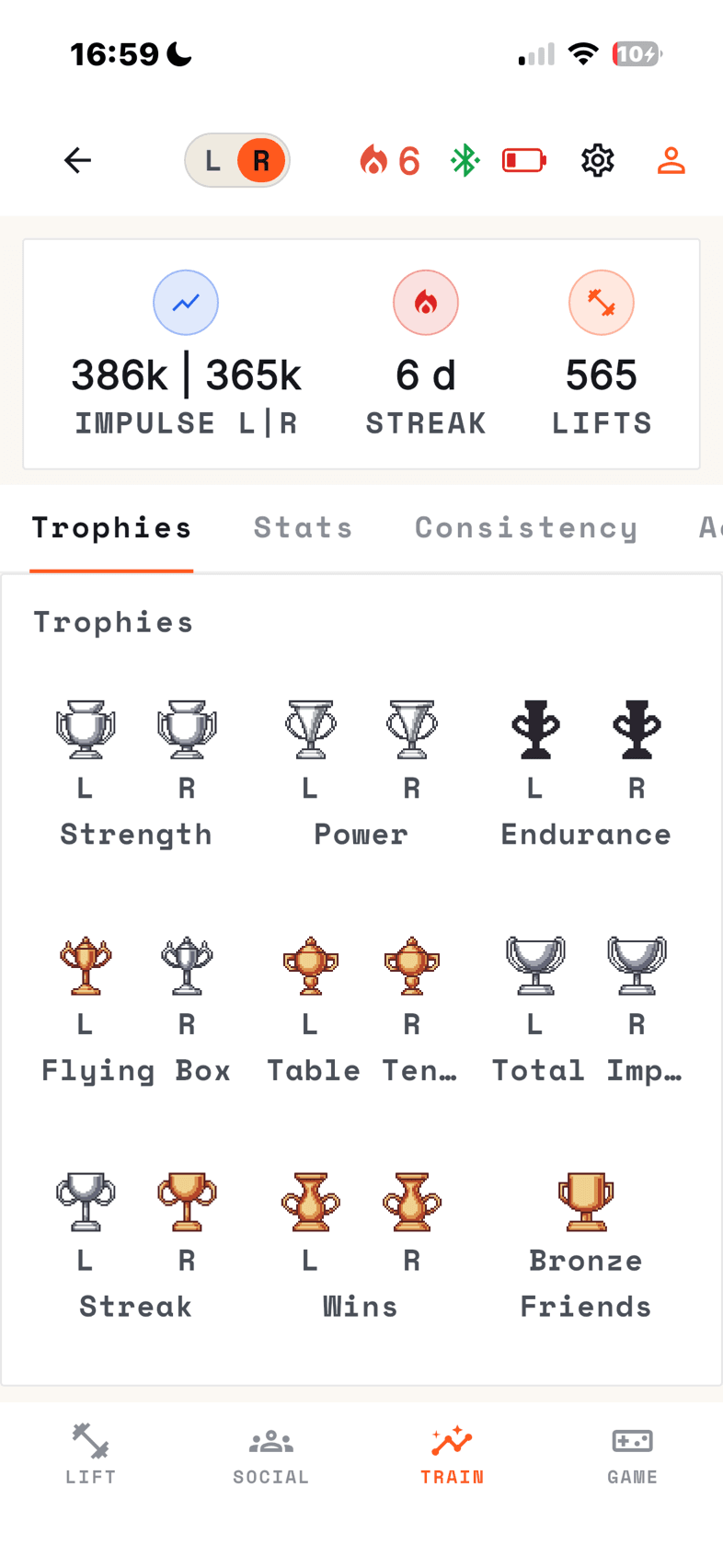 The Profile trophy grid: lifetime impulse, streak and lift count across the top, then a grid of medals for each category with separate left and right hand columns