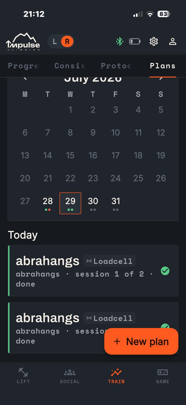 Impulse app — A July training plan calendar with the day’s two sessions marked done