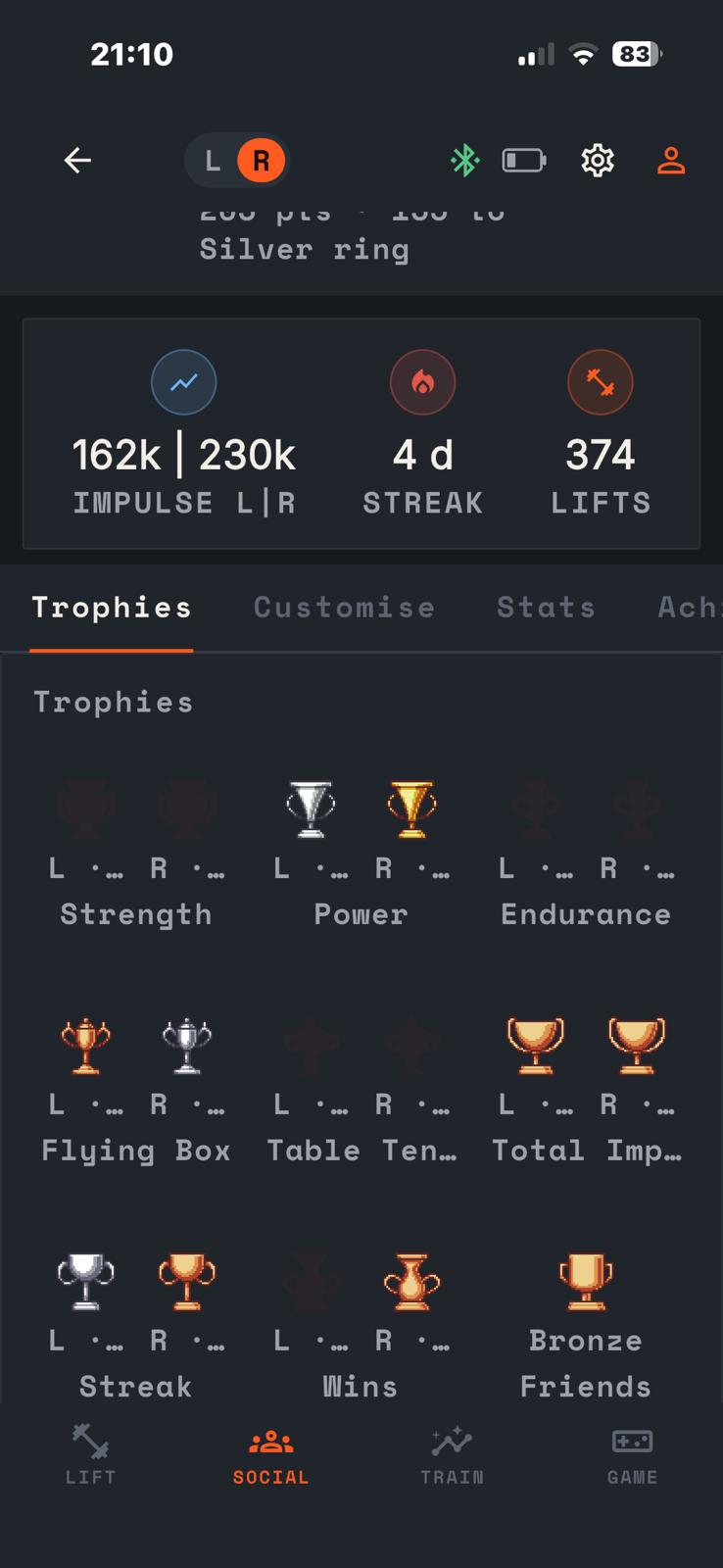 Impulse app — A trophy cabinet showing per-hand awards beside a 4-day streak and 374 lifts